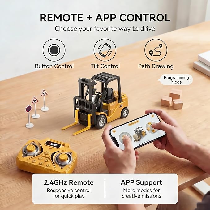 1/64 RC Forklift ToyMini Forklift Remote Control &amp Phone App Controled2-in-1 Transformable Lift Fork &amp Hook10CH Alloy RC Construction Vehicles With Lights &amp SoundsToy Gift for TeensAd