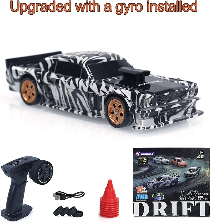 TOUCAN RC HOBBY 1:43 Ready to Run Race Car Gyro Drift Car 4WD Traffic Cones Mini Toy for Men(White Black)