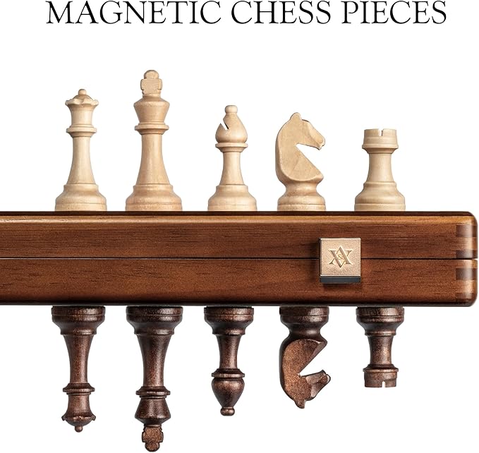 A&ampA 15 Magnetic Wooden Chess Set Handmade 3 King Height Staunton Chess Pieces with 2 Extra Queens Folding Portable Travel Game Set