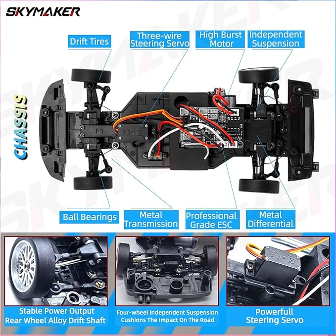 Skymaker LDRC Drift Car Nissan Skyline GTR R34 1/18 RWD High Speed Drifting RC Model Drift Cars 2.4GHz with Gyroscope 3 Batteries (Silver)