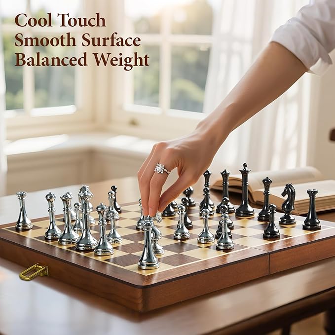 Metal Chess Set for Adults and Kids - 12 Inch Wooden Folding Chess Board and Metal Pieces Travel Portable Chess Set - Extra Queens &amp 2.5 King Ideal Gift for Chess Enthusiasts &amp Beginner