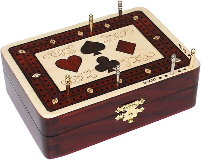 House of Cribbage - 2 Track - Wooden Cribbage Board / Box - Inlaid in Maple Wood / Bloodwood - Storage for Pegs &amp One Deck of Cards - 60 Points - Non Continuous (Maple Wood / Bloodwood)