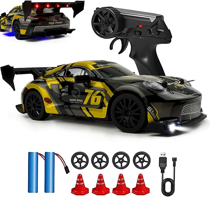 1:24 RC Drift 2.4GHz with LED Light Race Car Toys for Boy Girl 8-12 Years Old Speed Adjustable 25Km/HHigh Speed RC Racing Cars Perfect Toy Gift for Boys &amp Girls (Yellow)