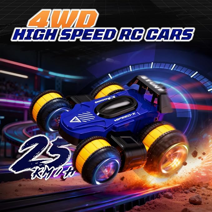 RC Stunt High Speed Remote Control Car 25km/h 360°Rotating RC Drift Car with Lights Blue 2.4 GHz Upright Walking 4WD Toy Cars for Kids Age 4-8 8-16 Boys Girls Christmas Birthday Gifts