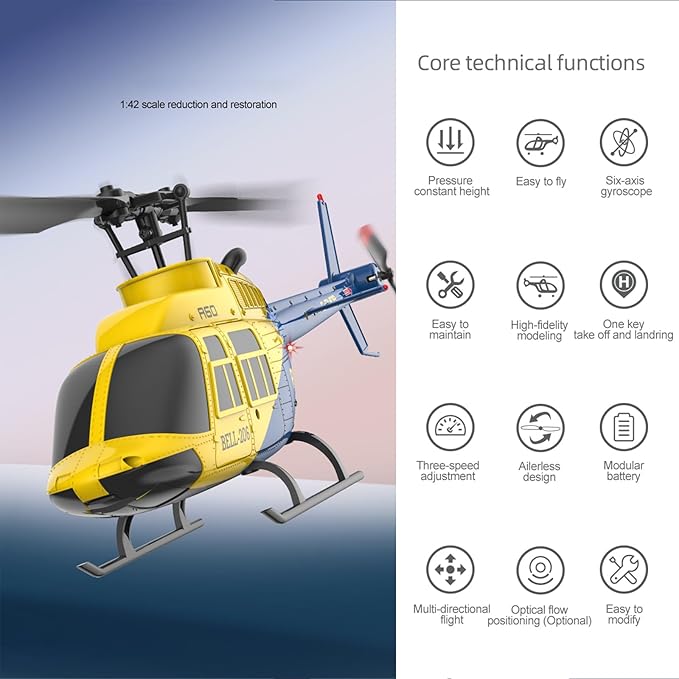 A60 206 Remote Controlled Helicopter Aircraft Plane 4CH RC Heli Aileronless 1/42 Scale 6-Axis Gyroscope Altitude Hovering Optical Flow Position 2Battery for Adults Beginners Yellow