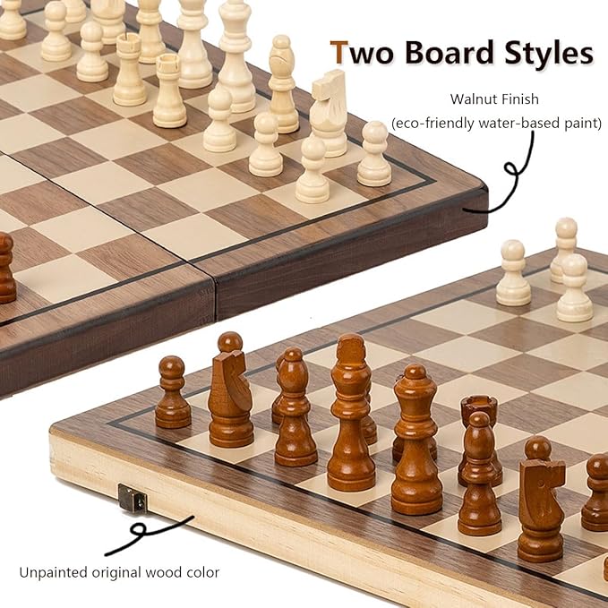 Chess Set 15'' Chess Board Wooden Magnetic Folding Chess Board Set for Adults &amp Kids Checkers Game for Kids Portable Travel Chess Game for Beginner 2 Extra Queens (Walnut Color)