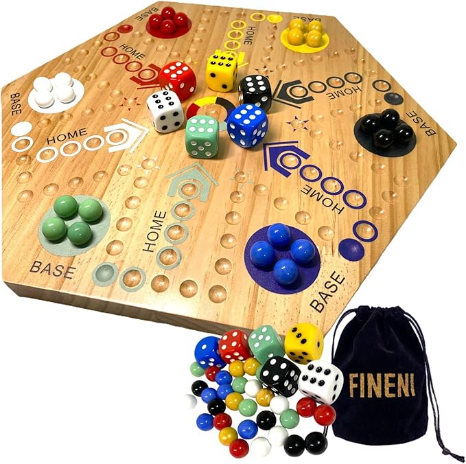 Wooden Board Games Marble Board Game Original with Dual Sides Fast Track Games for 2 to 6 Players Double Side Marble Boards 6 Colors 30 Marbles and 6 Color 6 Dice Pouch (20 Log)