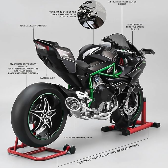 1/6 Scale H2R Alloy Diecast Motorcycle with Sound &amp Light Features High Gloss Spray Finish Rubber Tires Premium Collectible Gift (Black H2R)