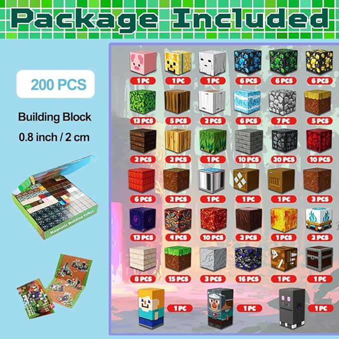 Magnetic Building Blocks Set 200 Pieces Pixel Style Construction Toys with Character Blocks 0.8 Inch Cubes for Ages 3+ Non-Toxic Educational STEM Toys