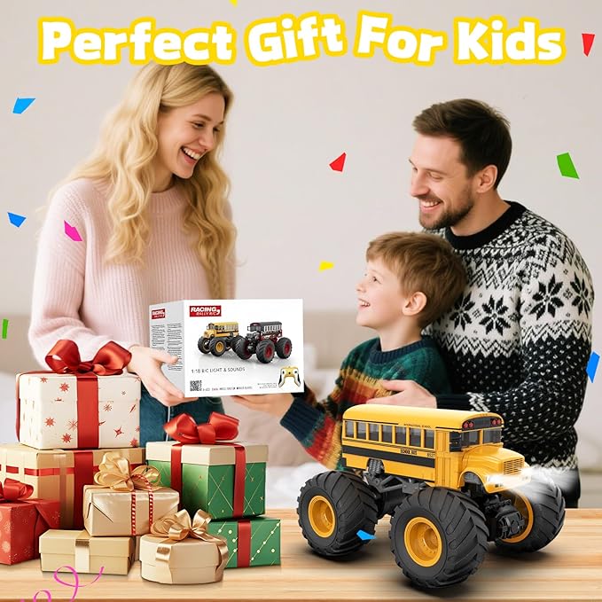 1/18 Remote Control School Bus Toy for Kids 2.4GHz RC Monster Truck Toy with LED Lights &amp Sound Rechargeable Electric Vehicle Gift for Boys Girls