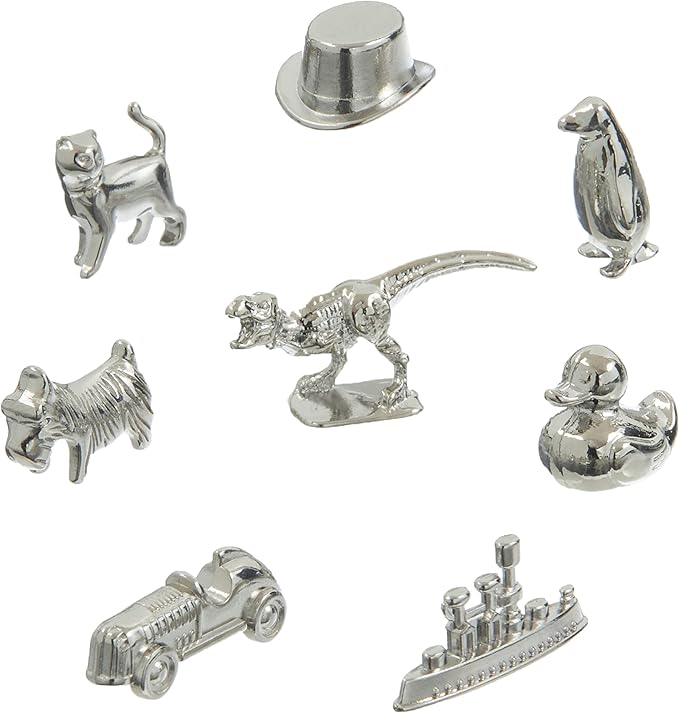 8-Pack Replacement Pawns Compatible with Monopoly - T-Rex Terrier Race Car Top Hat Battleship Cat Duck Penguin - New Edition Metal Classic Board Game Tokens - Replace Lost or Broken Pieces