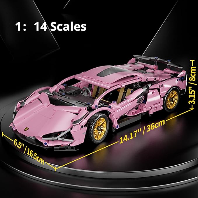Sport Race Car Building Block Sets for Adults Pink Racing Supercar Toys Kits Collectible 1:14 MOC Model Construction Christmas Xmas Birthday Gift for Men Boys and Girls Teens Age 8-12 12-1614+
