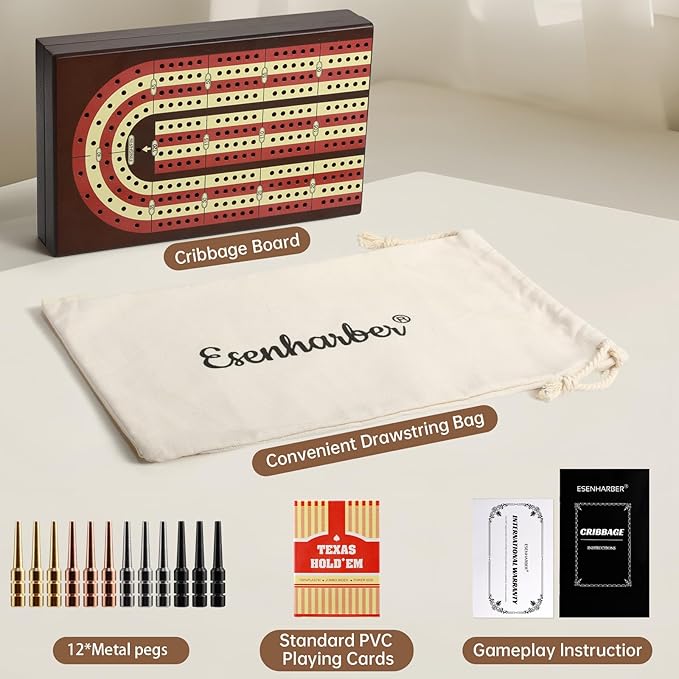 Cribbage Board Foldable 4-Track Cribbage Board Game Set Solid Wood Game Board with 12 Brass Pegs &amp Felt-Lined Storage for 2-4 Players with Convenient Pouch