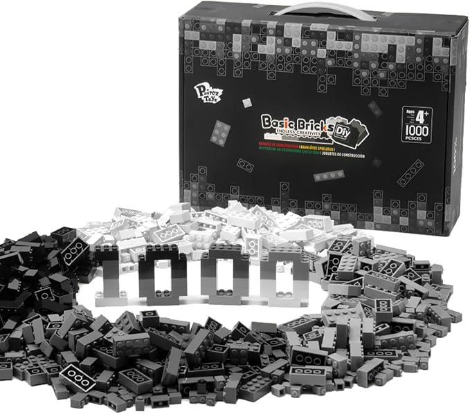 1000 Piece Blocks for Building Classic Bulk 2x4 Basics Bricks Building Set Compatible with All Major Brands Creative STEM Building Toys for Kids Ages 4 5 6 7 8 (Black &amp Gray &amp White)
