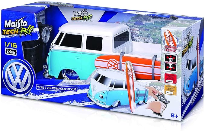 Maisto Tech R/C 1:16 Scale 2.4 GHz VW Type 2 Pick-up w/Surfboard Blue with White