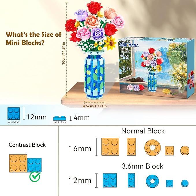 Roses Flowers Building Set with Vase &amp LED Light Easter/Birthday Day Gift for Her/Him 16 Mini Flowers Bouquet Building Blocks Toy Artificial Flowers for Home Office Decor &amp Display