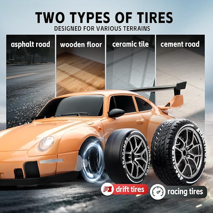 RC Drift Car 1:24 Scale Remote Control Vehicle with LED Lights 2.4GHz 20KM/H 4WD High Speed RC Cars Drifting Tires＆Two Batteries. (Orange)