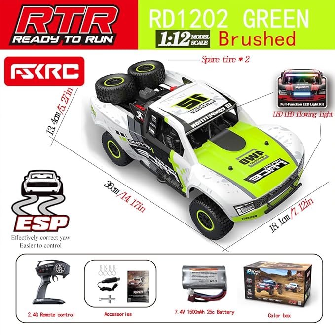 1/12 RD12 RC Drift Car 4WD Full-Proportional Brushed Racing Car with Gyroscope and 7-Color LED Lights Remote Control Truck Gift for Adults (Green)