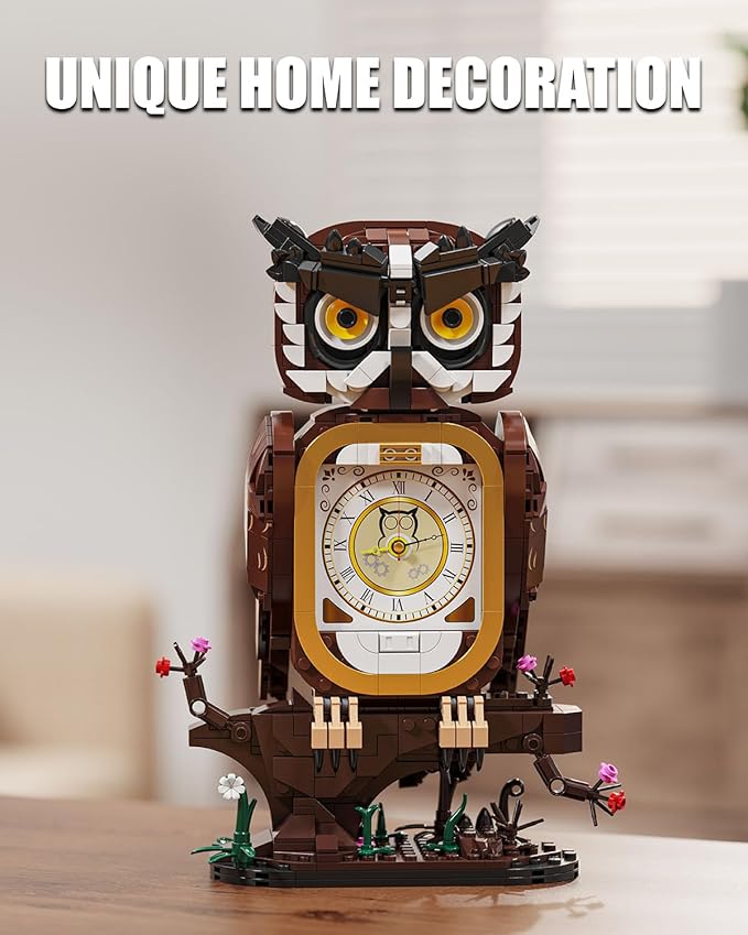 Owl Clock Building Blocks Set STEM Building Toys with Functional Clock Collectible Bird Display Model for Home Decor Christmas Birthday Gift for Adults &amp Boys 8-14 (964Pcs)