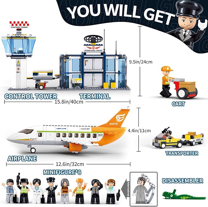 Airplane Building Set City Airport Passenger Plane Toy Compatible with Lego Plane with an Airplane Control Tower Terminal Baggage Cart 8 Minifigures