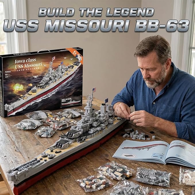 USS Missouri Battleship Building Blocks Set - Iowa-Class Warship Model 2228 Pieces 14+ Adult/Teen Building Toy 83cm Large Scale Replica with Display Stand for Collection &amp Decoration