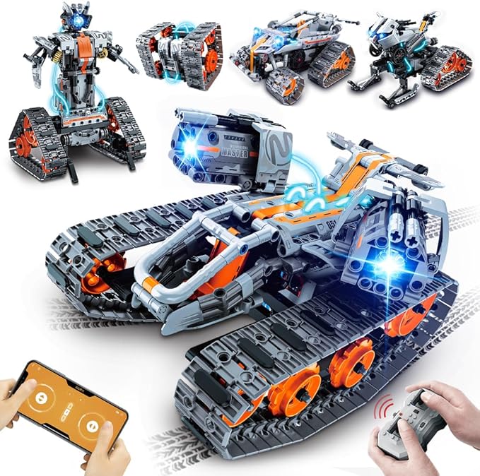 HOGOKIDS 5 in 1 STEM Building Set with LED Light - APP &amp Remote Controlled Cars Building Toys Kit RC Robot Tank Sleigh Tracked Racer 604 PCS Toy Gifts for Kids Boys Girls Ages 6 7 8 9 10 11 12+