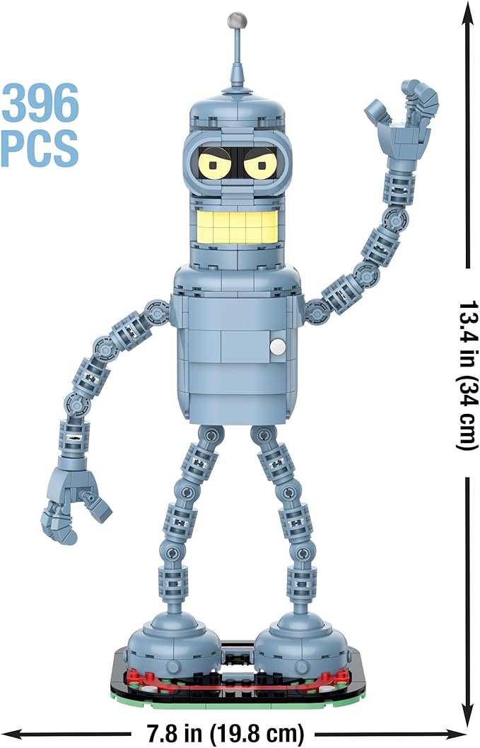 Brickcraft Futurama Bender Brick Building Kit | 396-Piece Posable Robot Figure with Gold Chain &amp Drinks | Sci-Fi Collectible Display Model Holiday for Adults Teens &amp Animated TV Fans