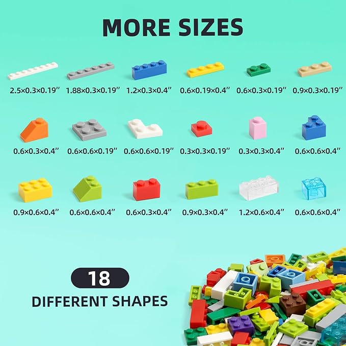 1500 Pieces Building Bricks Classic Building Bulks with 30PCS Small Flat Plates and 46PCS Wheel Parts and Pieces - Compatible with Lego and Other Brands 16 Color/18 Size