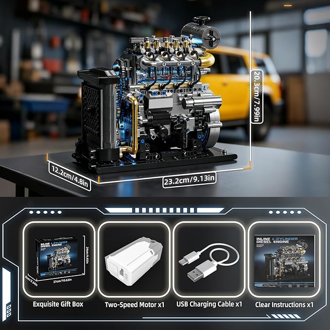 Diesel Engine Model Kit That Runs for Adults MOC Mini Inline 4-Cylinder Diesel Engine Building Set with Motor Compatible with Lego Mechanical Engineering STEM Toy for Teens (1029 PCS)