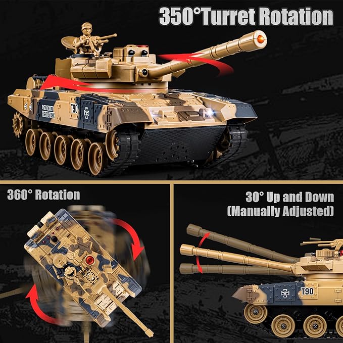 1/24 Remote Control Tank 2.4Ghz Russian T-90 RC Tank &amp 330° Turret Rotation 2× Rechargeable Batteries Army Toys for Boys Infrared Battle Toy with Lights Smoke and Sound Effect Gift for 4+ Kids