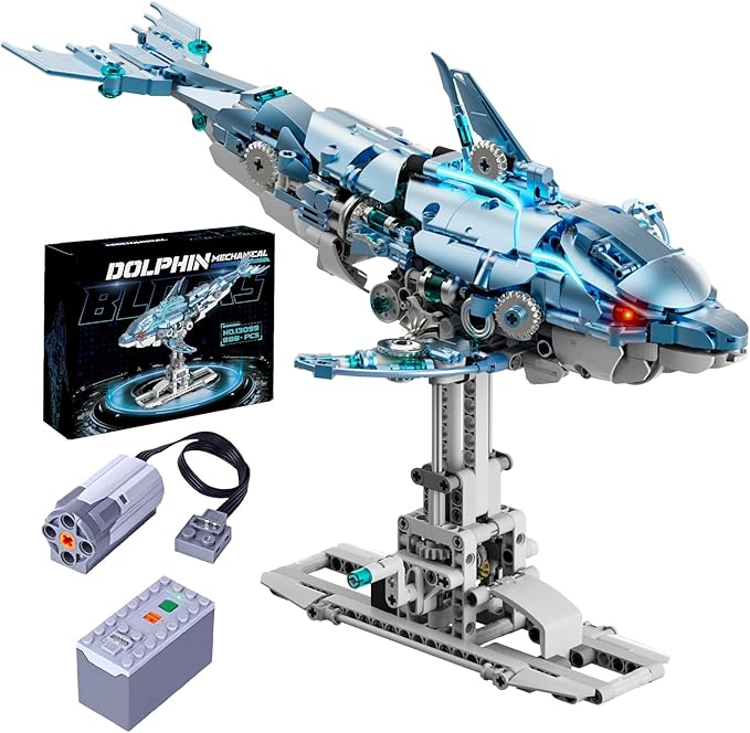 Mechanical Blue Dolphin Building Blocks Set with Hand-Crank &amp Motorized Movement Interactive Detailed Gear Design Display &amp Play Model Futuristic Ocean Animal Model