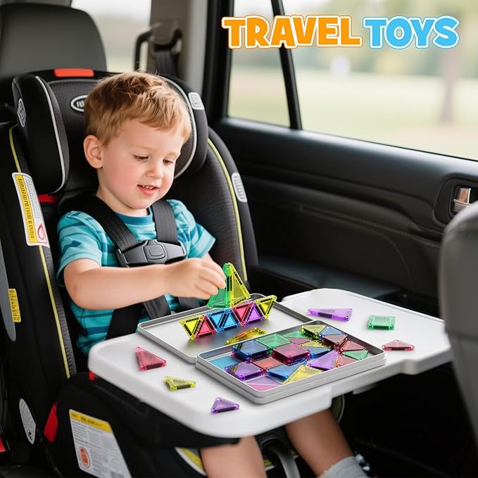 42PCS Mini Magnetic Tiles Travel Set with Iron Storage Box - Portable STEM Building Blocks for Kids 3-8 Montessori Educational Magnet Toys for Airplane Car Rides &amp On-The-Go Play