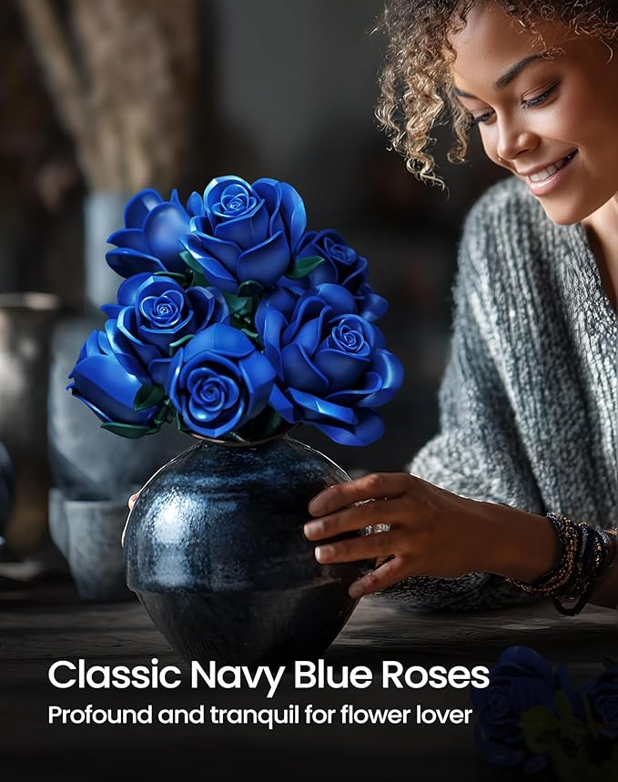 iATOM Blue Rose Bouquet Building Set 12Pcs Flowers Botanical Collection for Adults Valentine's Day Gift for Her/Girlfriend/Mom/Wife/Couple Vintage Home Office Table Centerpiece Decor Aesthetic