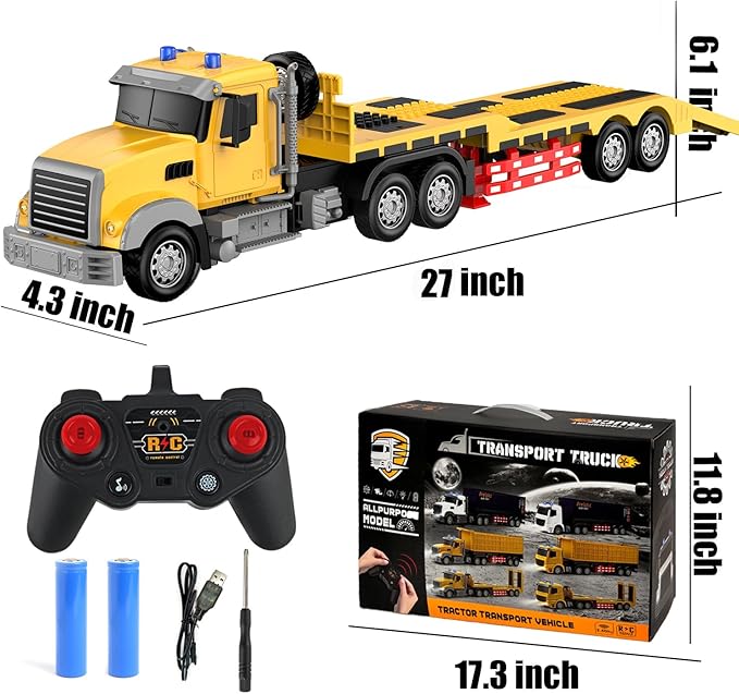 Remote Control Semi Truck with Trailer -24 Inch RC Semi-Trailer Engineering Tractor with Road Roller Toys1:24 Truck with LED Lights &amp Music Great Gift for Boys Girls