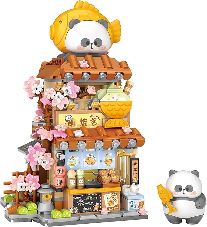 Mini City Shop Street View Building Blocks Model SetSimulation Panda Architecture Collection Particle Construction Building Bricks ToyHome Decor (Taiyaki)