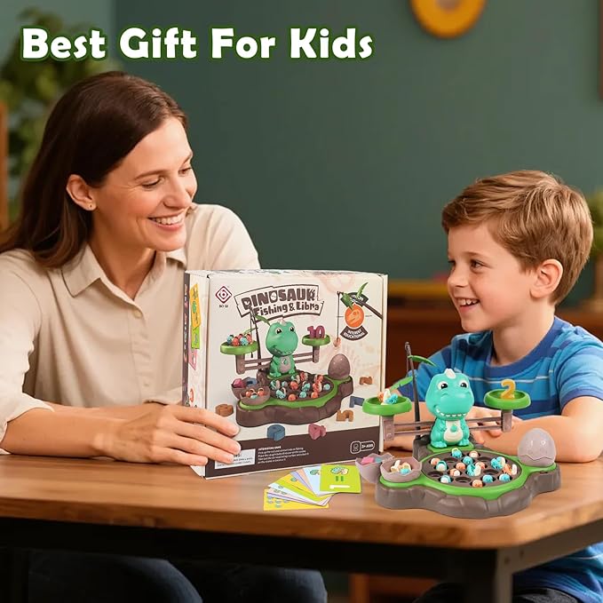 Magnetic Dinosaur Fishing Game for Kids Best Birthday Gift for 3-5 5-7 Year Old Boys &amp Girls 2-in-1 360° Rotation Fishing Toy with Balance Scale &amp Counting Player Board Game for Toddlers