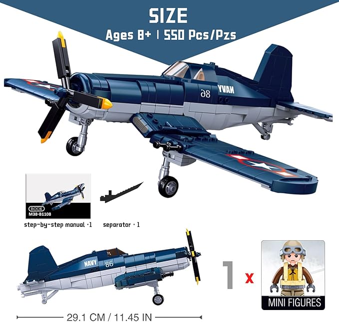WW2 F4U Fighter Bomber Building Bricks - 550 Pcs Army Set with 1 Soldier - Engaging WWII Toys for Kids &amp Adults