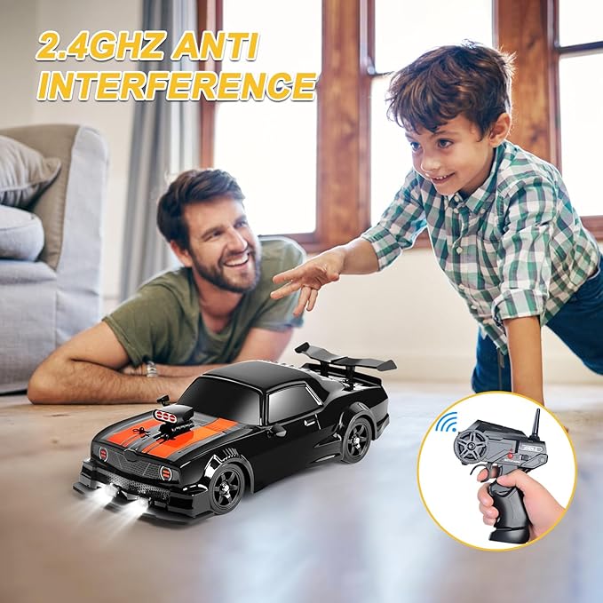 Fistone RC Drift Car 2.4GHz 1:16 Scale 4WD 18KM/H High Speed Remote Control Car with LED Lights 2 Batteries and Rubber Tire Racing Sport Toy Vehicle for Adults Boys Girls and Kids