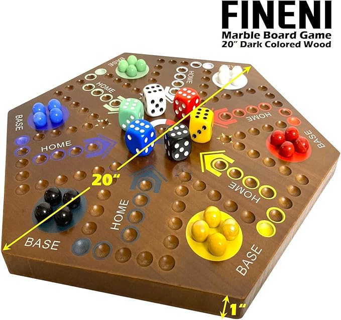Wooden Board Games Marble Board Game Original with Dual Sides Fast Track Board Game for 2 to 6 Players Double Side Marble Game 6 Colors 30 Marbles Set and 6 Color 6 DicePouch (20 Dark)