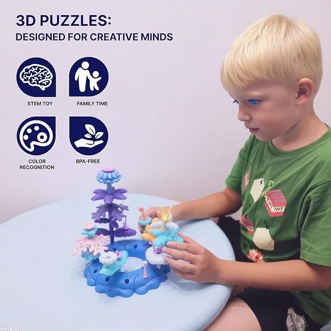 Marine Explorer STEM Building Set with 7 Sea Creatures - 76 Piece Coral Reef Blocks for Preschool Learning Includes Crab Turtle &amp Pufferfish（Ocean-World-L2）