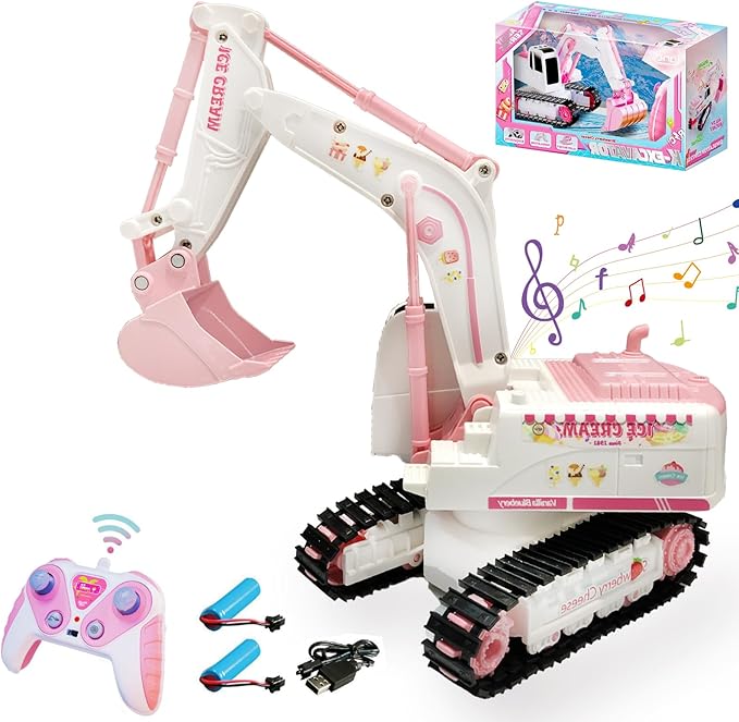 Pink RC Excavator 6 Channel 2.4Ghz RC Construction Vehicle1:24 Scale Pink Excavator Toy with 360° Rotation Light Sound and DIY Stickers Birthday Gift for Teens Adults (2 Battery)