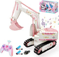 Pink RC Excavator 6 Channel 2.4Ghz RC Construction Vehicle1:24 Scale Pink Excavator Toy with 360° Rotation Light Sound and DIY Stickers Birthday Gift for Teens Adults (2 Battery)