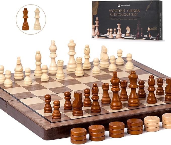 Chess Set 15'' Chess Board Wooden Magnetic Folding Chess Board Set for Adults &amp Kids Checkers Game for Kids Portable Travel Chess Game for Beginner 2 Extra Queens (Walnut Color)