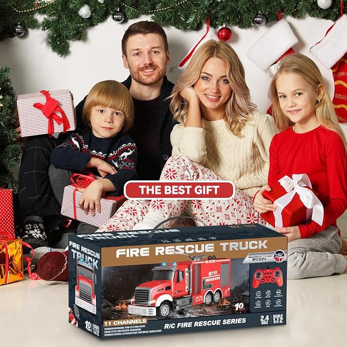 RC Fire Truck Toy - Remote Control Toy Fire Truck - Rescue Fire Engine 11 CH with Rotating Water Spraying Pump Lights Sounds 2.4G Firetruck Toy for Kids Boys