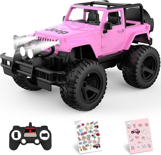 DOUBLE E Jeep Licensed 1:14 Scale Pink Remote Control Car for Girls with 2*DIY Stickers Open-top Design RC Jeep 80Min Play 2.4Ghz Off Road RC Trucks with LED Lights Birthday/Xmas Gifts for Girls 6+