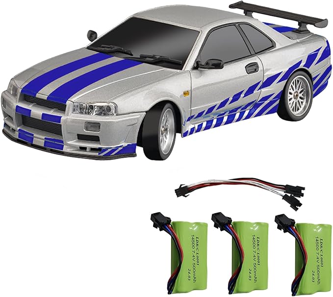 Skymaker LDRC Drift Car Nissan Skyline GTR R34 1/18 RWD High Speed Drifting RC Model Drift Cars 2.4GHz with Gyroscope 3 Batteries (Silver)