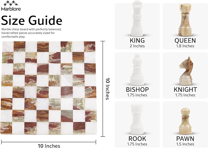 Marble Chess Set 10 Inch White &amp Green Travel Chess Board with 32 Pieces &amp 2 Extra Queens Handcrafted Classic 2 Player Chess Game for Adults