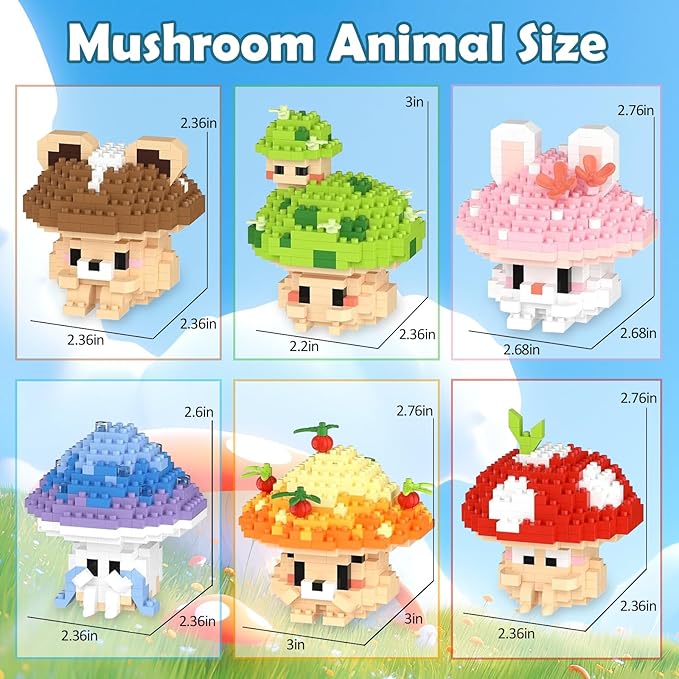 HIGH GODO 6 Set Mushroom Animals Micro Building Block Set Ideals Mushroom Animal Building Kit for Adults Party Favors for Teens 14+ (1956PCS)