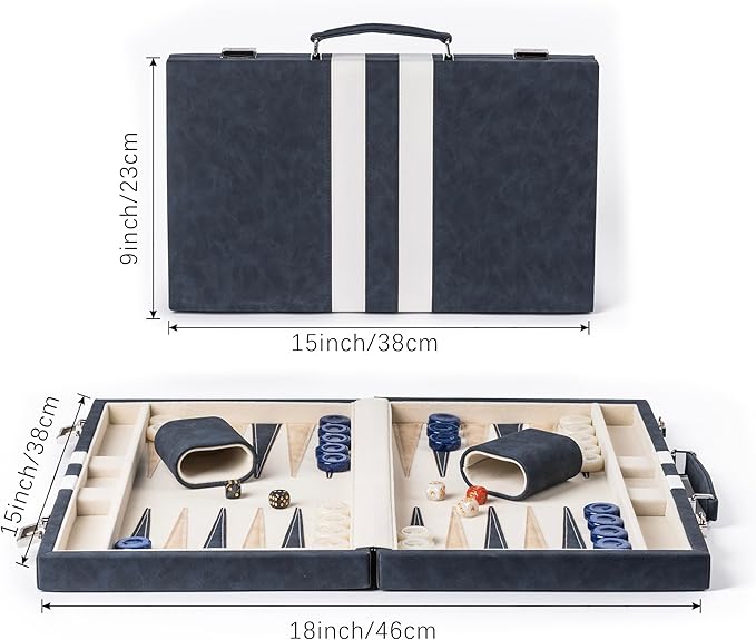 15inch Backgammon Sets for Adults Classic Board Game with Folding Leather Backgammon Case Faux Leather Exterior and Velvet Interior Portable Travel Game Set (Blue)