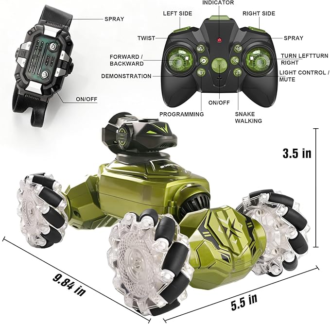 Gesture Sensing Remote Control Car RC Cars Toys for Boys Age 6-12 4WD Hand Controlled Twist &amp Transform 360° Spins Stunt Car with Mist Light &amp Music 8-10 Year Old Boys Birthday Gift Green